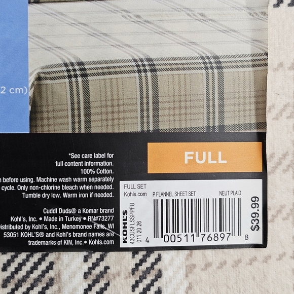 🛏️ Cuddl Duds Heavyweight Flannel 100% Cotton Sheet Set Full Size Neutral Plaid - Picture 7 of 8